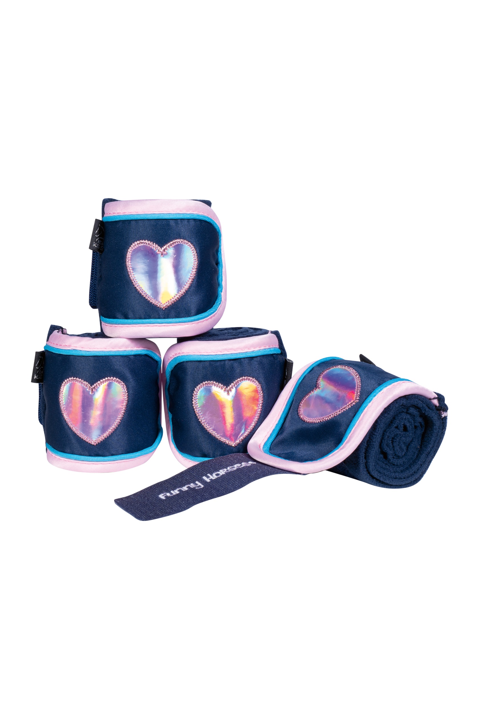 Fleecebandagen "Funny Horses Hearts", dunkelblau/rosa, 4er-Set