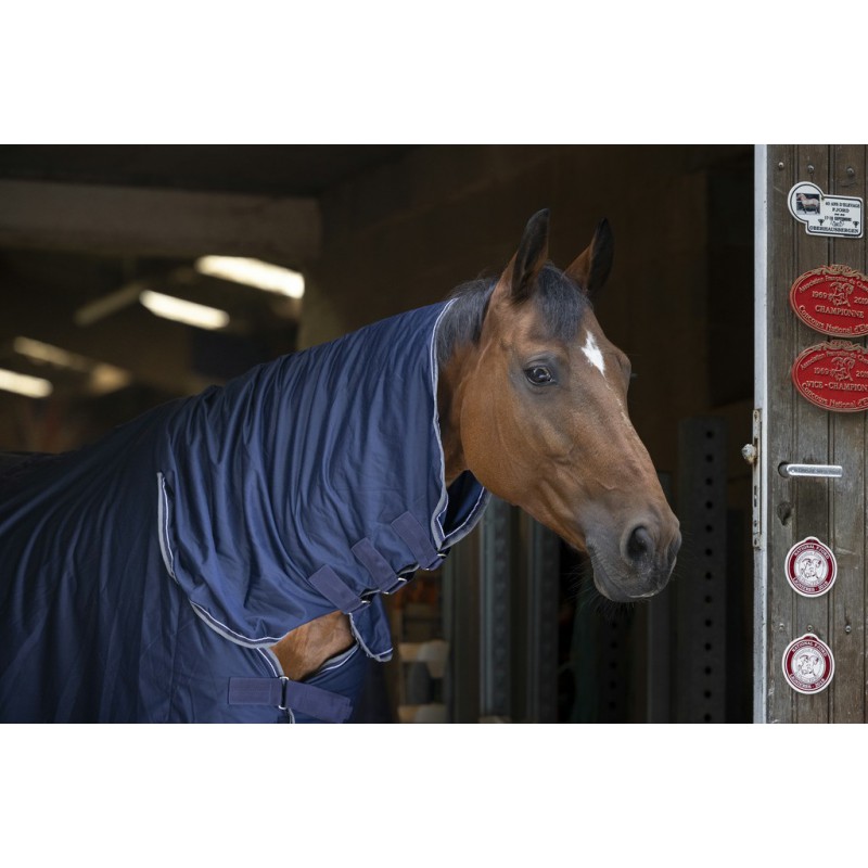 EQUITHÈME "Microfleece", Combo Decke, Pferdedecke, mit Halsteil, marineblau/weiß