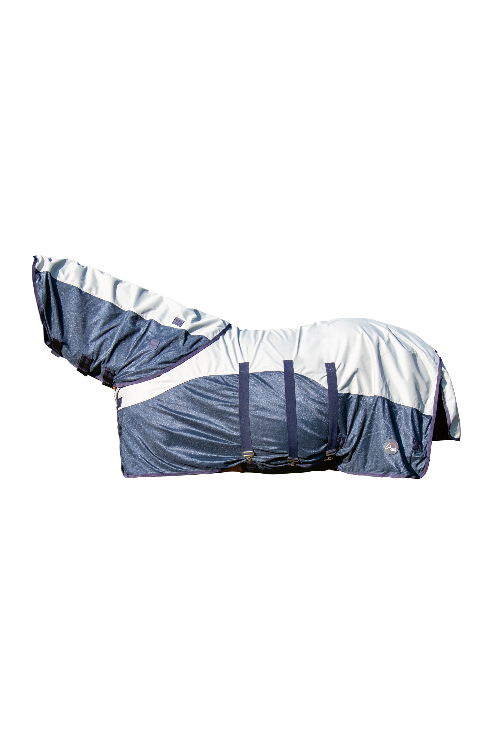 Fliegendecke "Rain", mit Halsteil und Bauchlatz, dunkelblau/grau