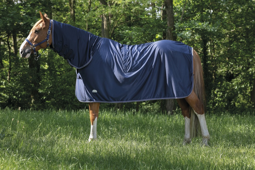 EQUITHÈME "Microfleece", Combo Decke, Pferdedecke, mit Halsteil, marineblau/weiß