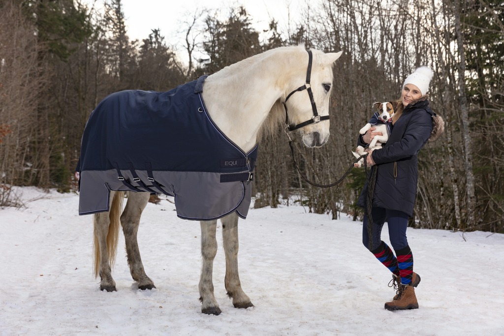 EQUITHÈME "TYREX 600D" Belly Belt Decke, 300g Füllung, Pferdedecke, marineblau/grau, Weidedecke