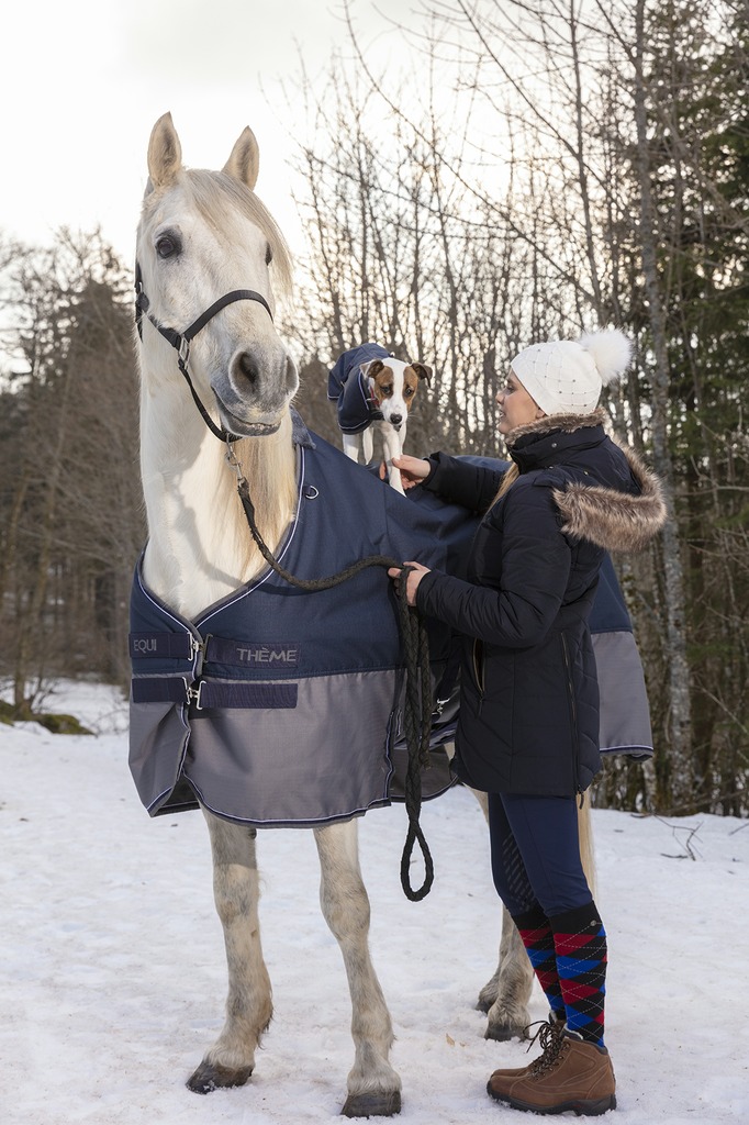 EQUITHÈME "TYREX 600D" Belly Belt Decke, 300g Füllung, Pferdedecke, marineblau/grau, Weidedecke