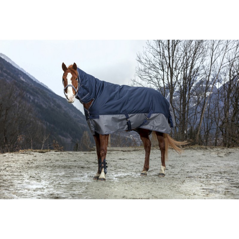 EQUITHÈME "TYREX 600D" Combo Decke, 0g Füllung, mit Halsteil, marineblau/grau, Weidedecke