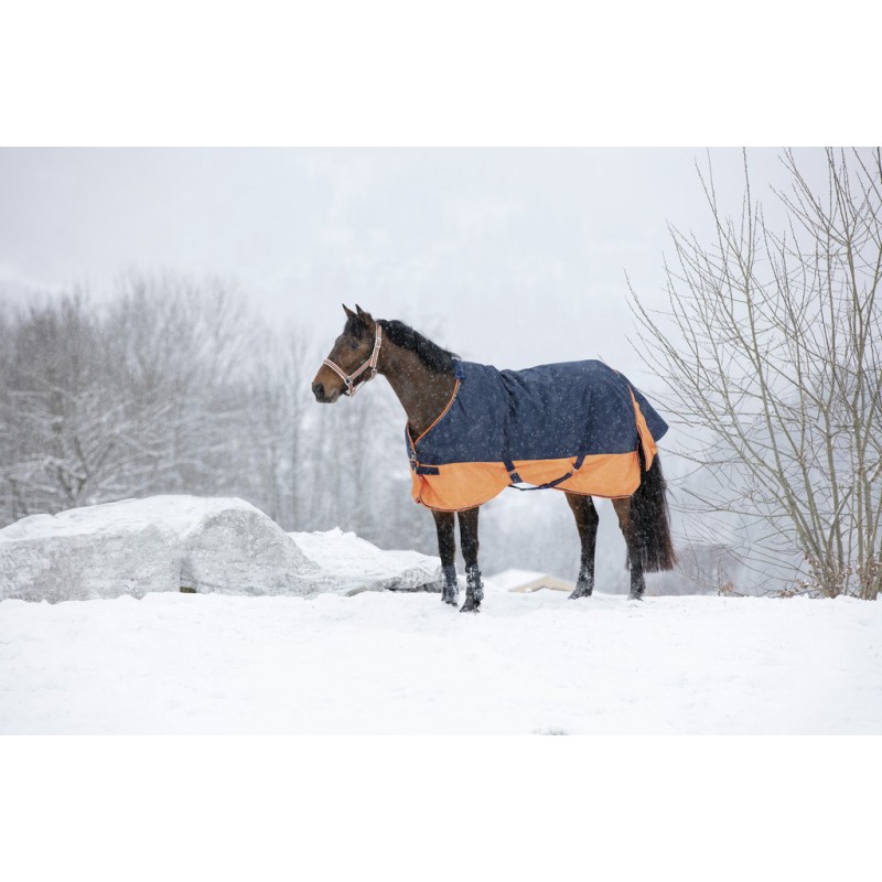 EQUITHÈME "TYREX 600D" Decke, 0g Füllung, Pferdedecke, marineblau/orange, Weidedecke