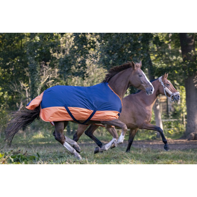 EQUITHÈME "TYREX 600D" Decke, 0g Füllung, Pferdedecke, marineblau/orange, Weidedecke