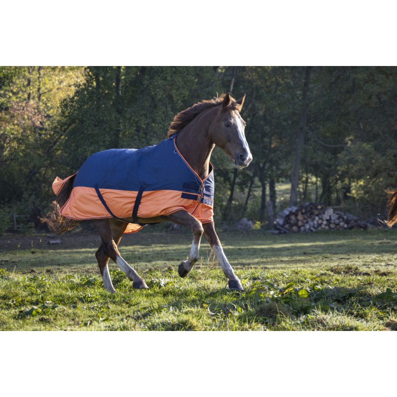EQUITHÈME "TYREX 600D" Decke, 0g Füllung, Pferdedecke, marineblau/orange, Weidedecke