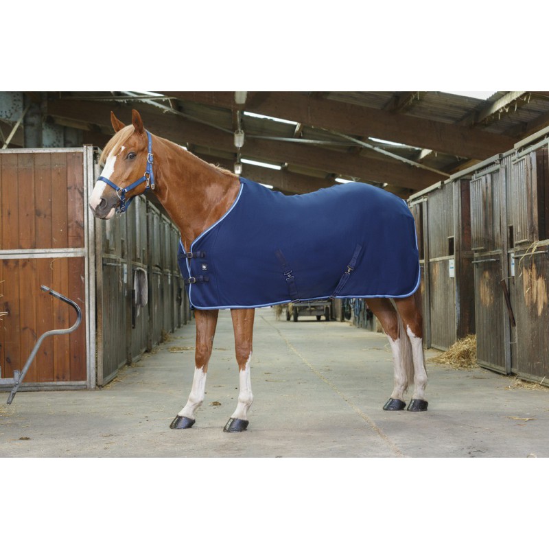 RIDING WORLD, Polarfleecedecke mit Kreuzgurten, Abschwitzdecke, marineblau/hellblau